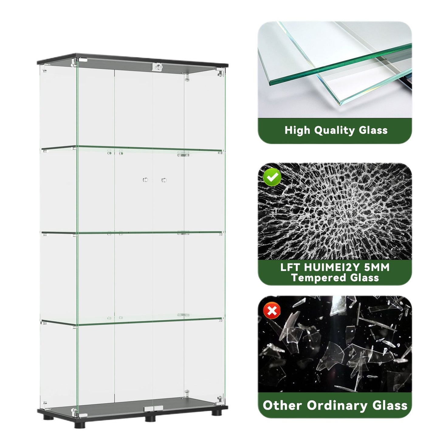 Glass Display Cabinet With 4-Shelf Double Doors And Lock, Curio Cabinet 5mm Tempered Glass Floor Standing Bookshelf For Living Room, Bedroom, Office, 64 X 31.7 X 14.3 In, Black