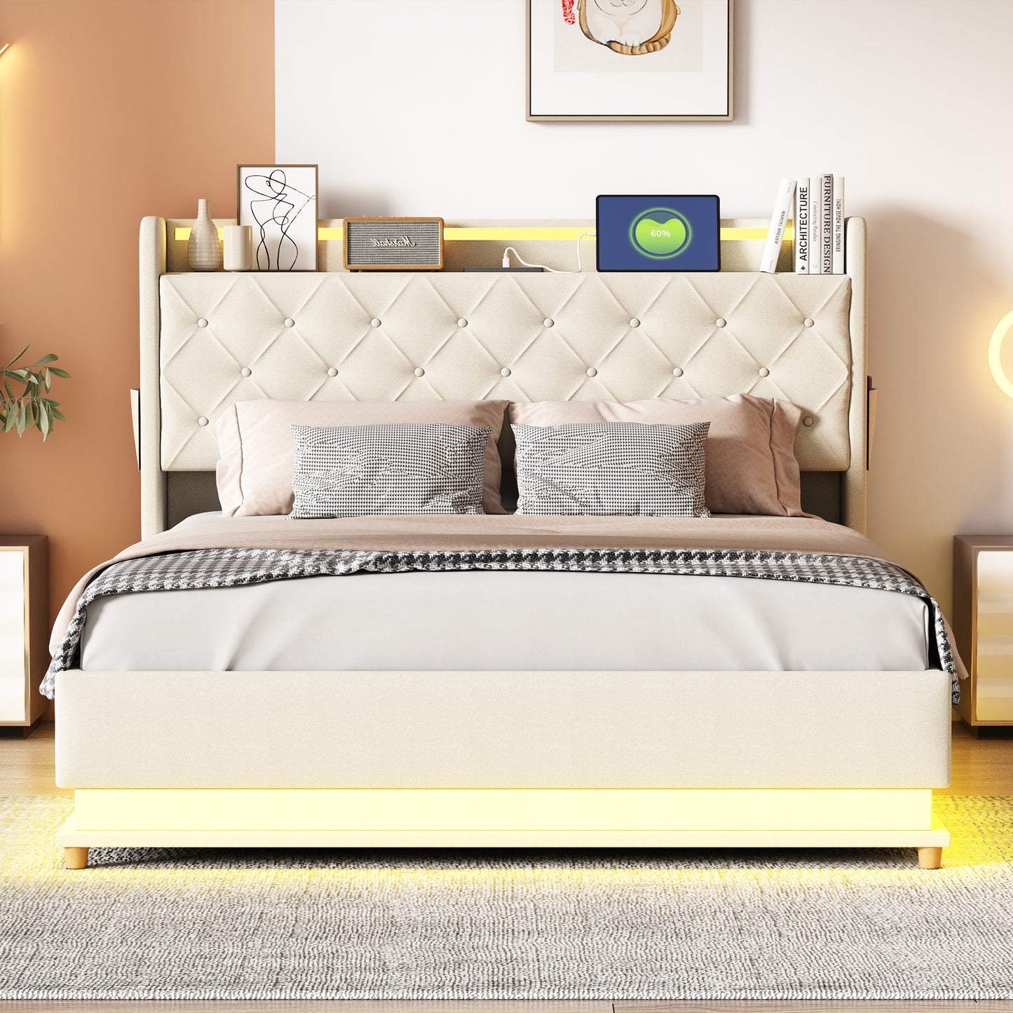LED Upholstered Bed 140x200 Cm With USB Charging Port And Hydraulic Storage, Skin-friendly Linen Fabric Beige