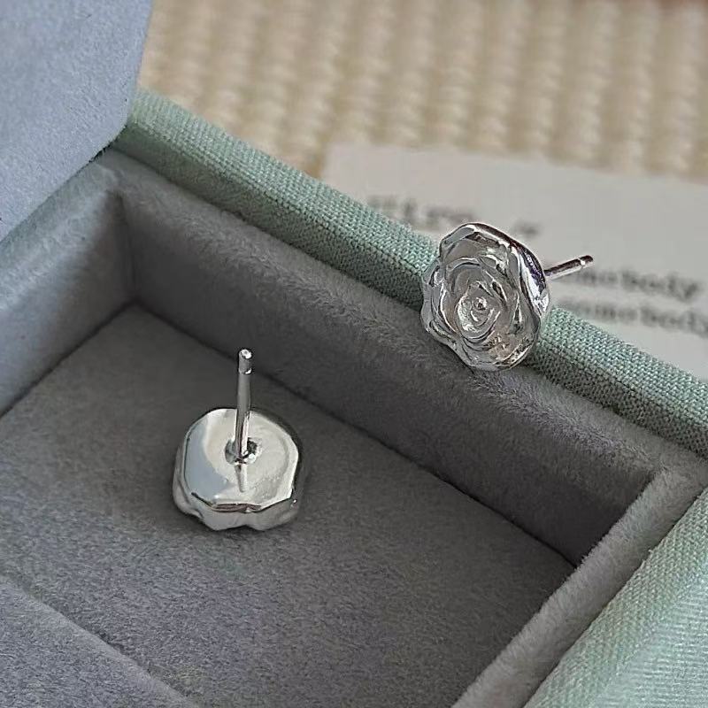 1pair 999 Sterling Silver Rose Stud Earrings, Minimalist Dainty Style, For Daily Wear & Casual Office Outfits