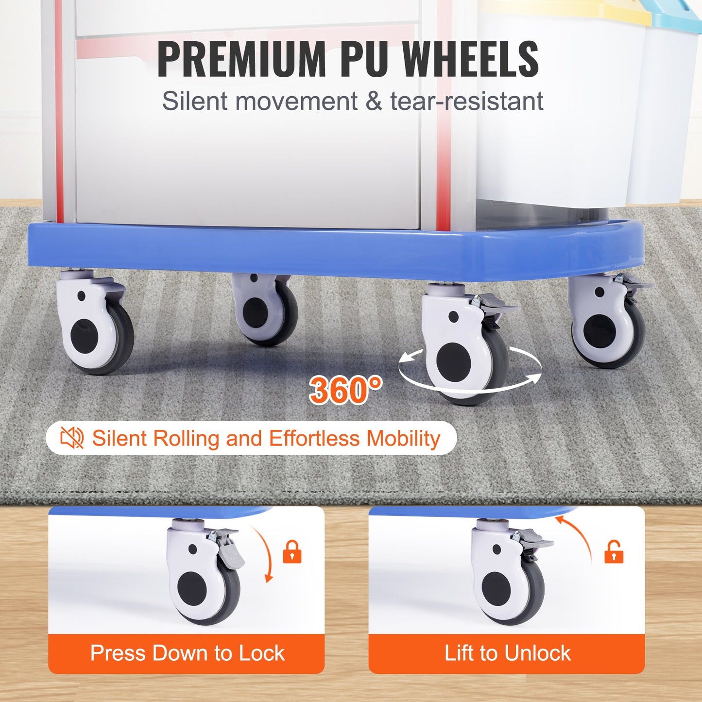 5 Tiers Lab Carts Mobile Medical Cart With 5 Drawers & 2 Trash Cans Blue, Trolley Storage Cart With PP Material, Lab Rolling Cart With 4 Silent Wheels For Lab, Clinic, Hospital, Salon, Office, Bule