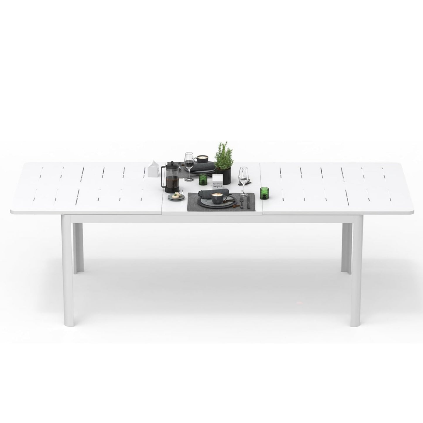 Patio Dining Expandable Table, Metal Aluminum Outdoor Table For 6-8 Person Rectangular Table For Porch Lawn Garden Bistro  Ivory White