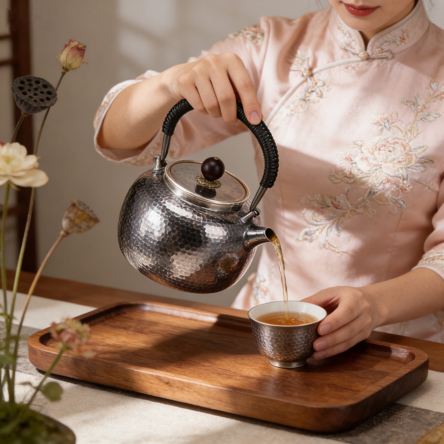 Pure 999 Fine Silver Elegant Handcrafted Hammered Silver Tea Kettle with Traditional Black Woven Handle - Handicraft