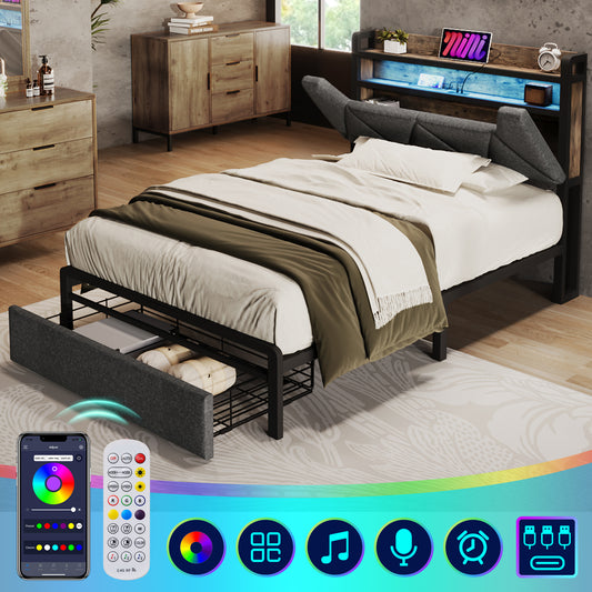 Upholstered Bed With USB Type-C Charging Function Storage Headboard And LED Lighting And Drawers, Single Bed 90 X 200 Storage Beds Bed Frame With Metal Frame Slatted Frame, Grey Without Mattress