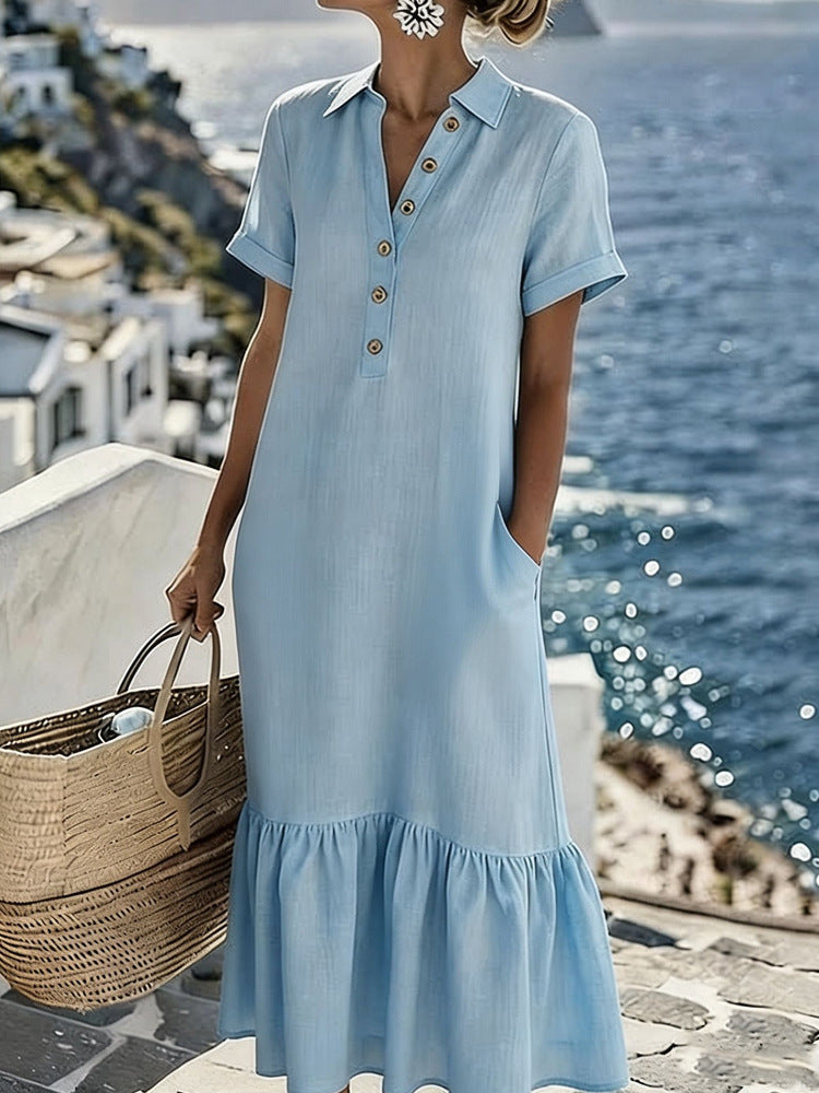 Summer New Womens Casual Loose-Fit Fashionable Pleated Lapel Short-Sleeve Plus-Size Shirt Dress