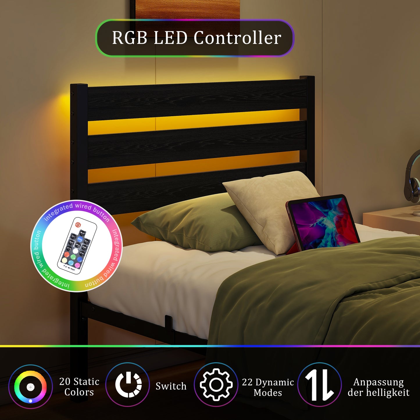 90x200cm Bed Frame With Headstock, Metal Bed Frame With USB Charging Station, LED Bed Frame, Strong Steel Layer Support, Under Bed Storage, No Box Spring Required, Noise-Free, Easy Assembly