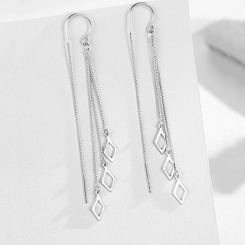 1 Pair 999 Sterling Silver Hollow Rhombus Long Tassel Threader Earrings, Minimalist & Elegant, Perfect For Daily, Dating & Business, Ideal Valentine's Gift