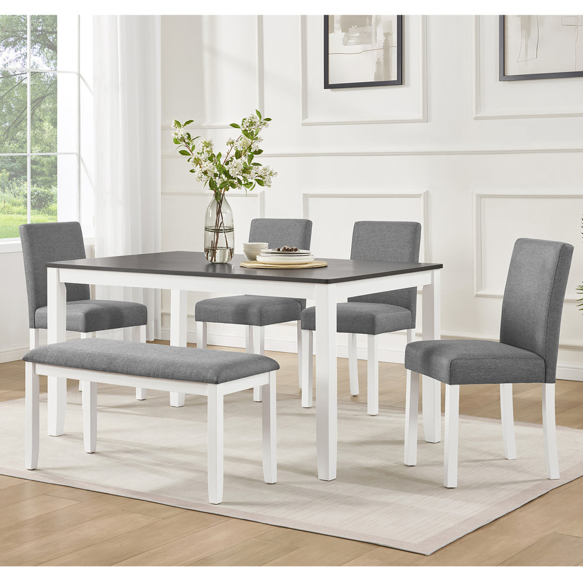 6-Piece Dining Table Set with Bench and Chairs, Dining Table Set for 6 with Bench, Wooden Dining Table Set for Kitchen, Dining Room, Grey & White Two Tone