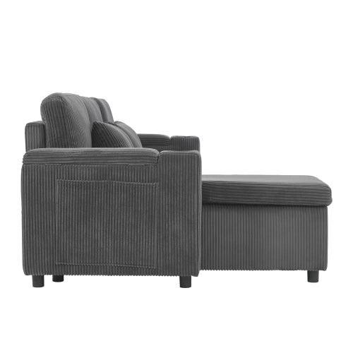 3 In 1 Convertible Corduroy Sofa Bed With Storage Chaise, L Shaped Sleeper Sofa Couches With Armrest Storage And Charging Station. Pullout Sectional Daybed For Living RoomBedroomOffice, Grey