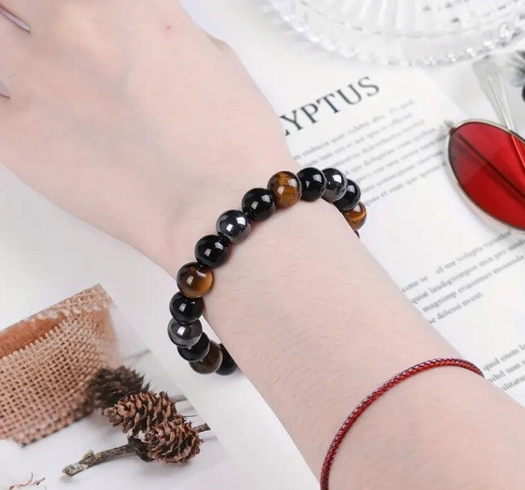 Triple Protection Bracelet, 2 Pieces Black Obsidian Tiger's Eye Stone Hematite Bracelet, Natural Tiger's Eye Bracelet Good Luck Bracelet Gift For Him Friend Husband Father