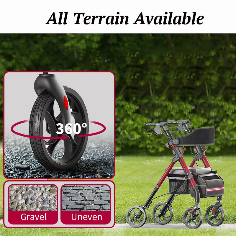 Matinal Foldable Rollator Walkers With Seat For Seniors, 350 Lb Capacity, 8   Big Wheels, 6-Position Height, Premium Hybrid Rolling Walker - Aluminum And Carbon Steel  RED