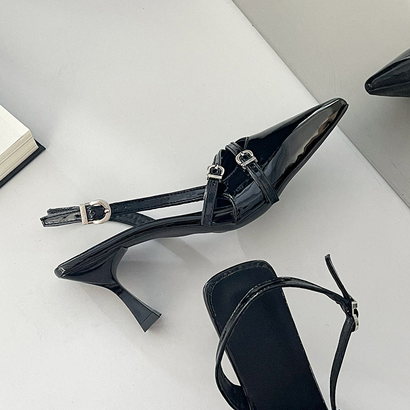 Women 2026 Summer New Pointed Toe Kitten Heel Closed Toe Sandals, British Style High Heels With Single Strap Buckle