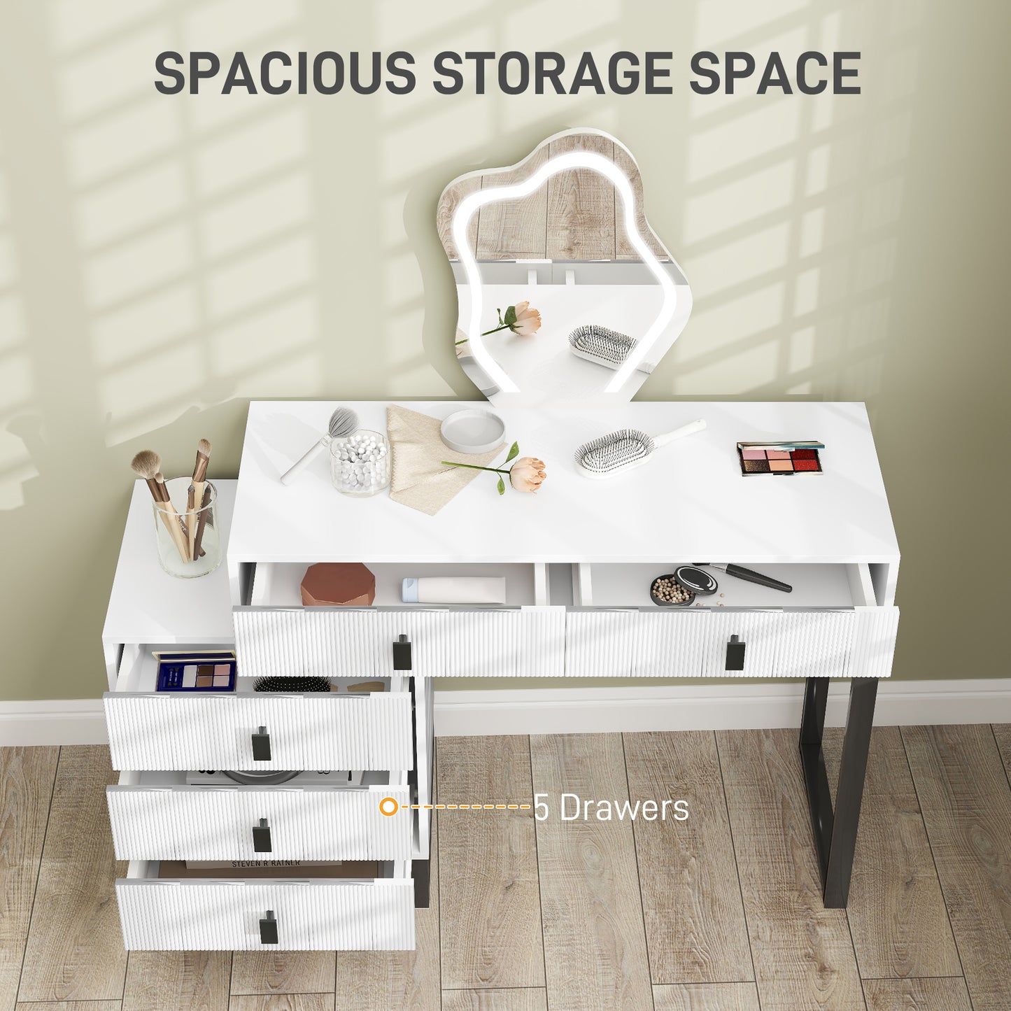 Dressing Table, Vanity Desk With Leaf Shape Mirror, Makeup Table With 5 Drawers, 3-Colour LED Lights, 100x40cm Tabletop, White