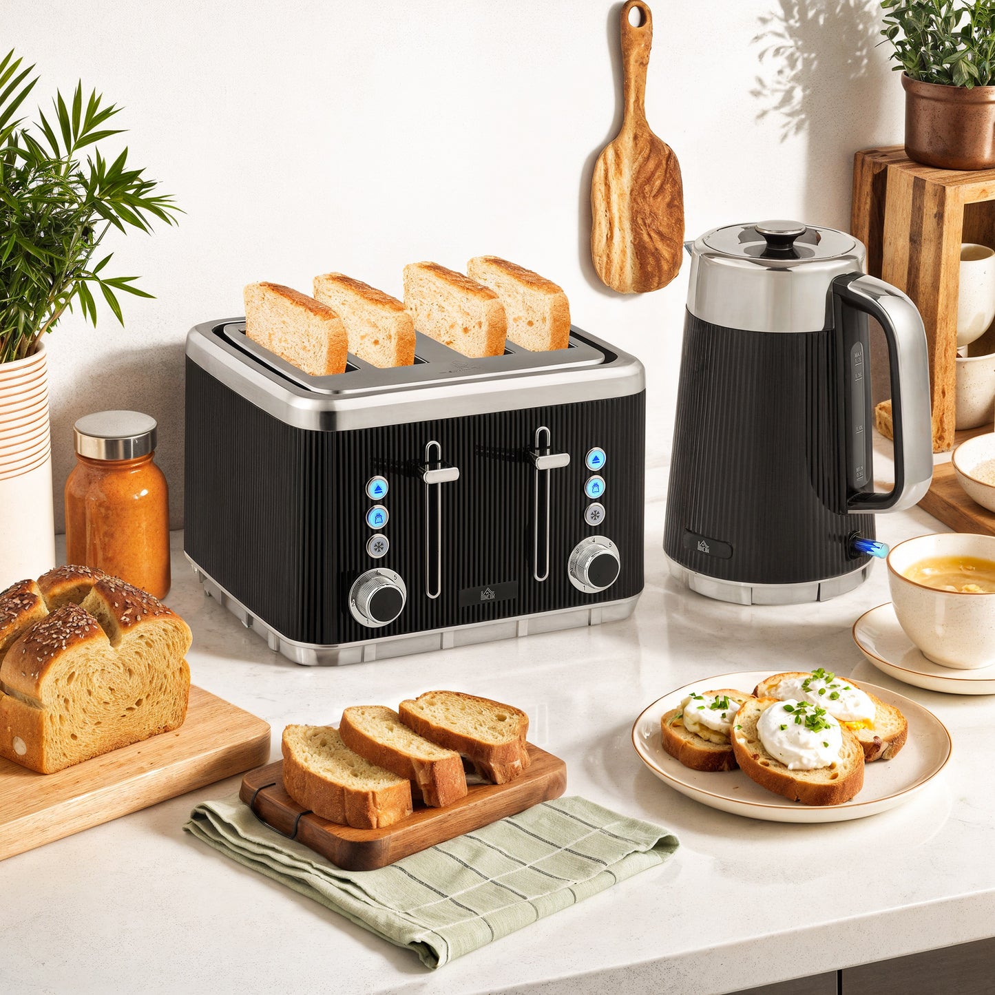 Electric Stainless Steel Kettle And Toaster Set, 3000W 1.7L UK Strix Thermostat Fast Boil Kettle W/ Limescale Filter, Cool Touch Body, 4 Slice Toaster With 7 Browning Levels, Crumb Tray, Black