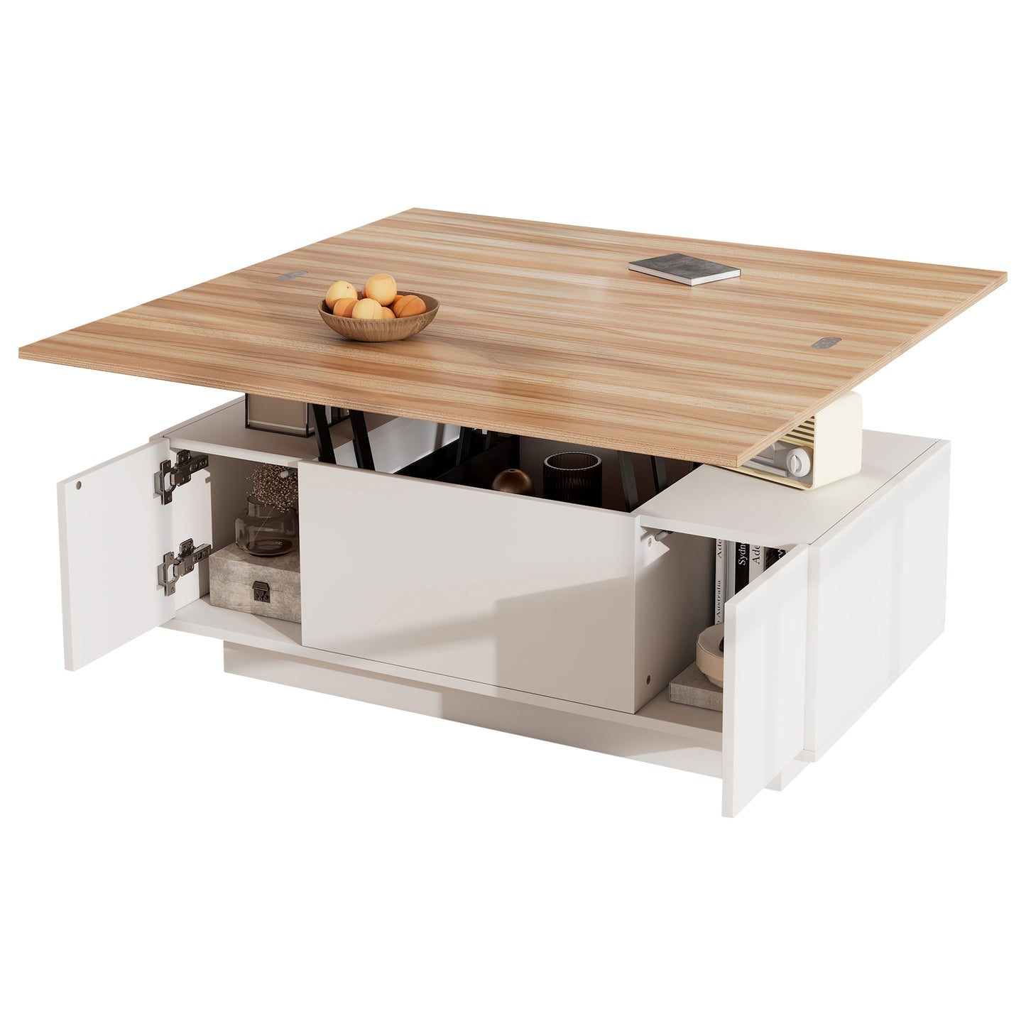 Lift Up Coffee Table With Hidden Storage, Centre Table With 2doors 2 Lifting Platforms, Lifting Sofa Side Table, Space-saving End Table, Tea Table, 100x50x55.5cm, White  Natural Wood, Particleboard