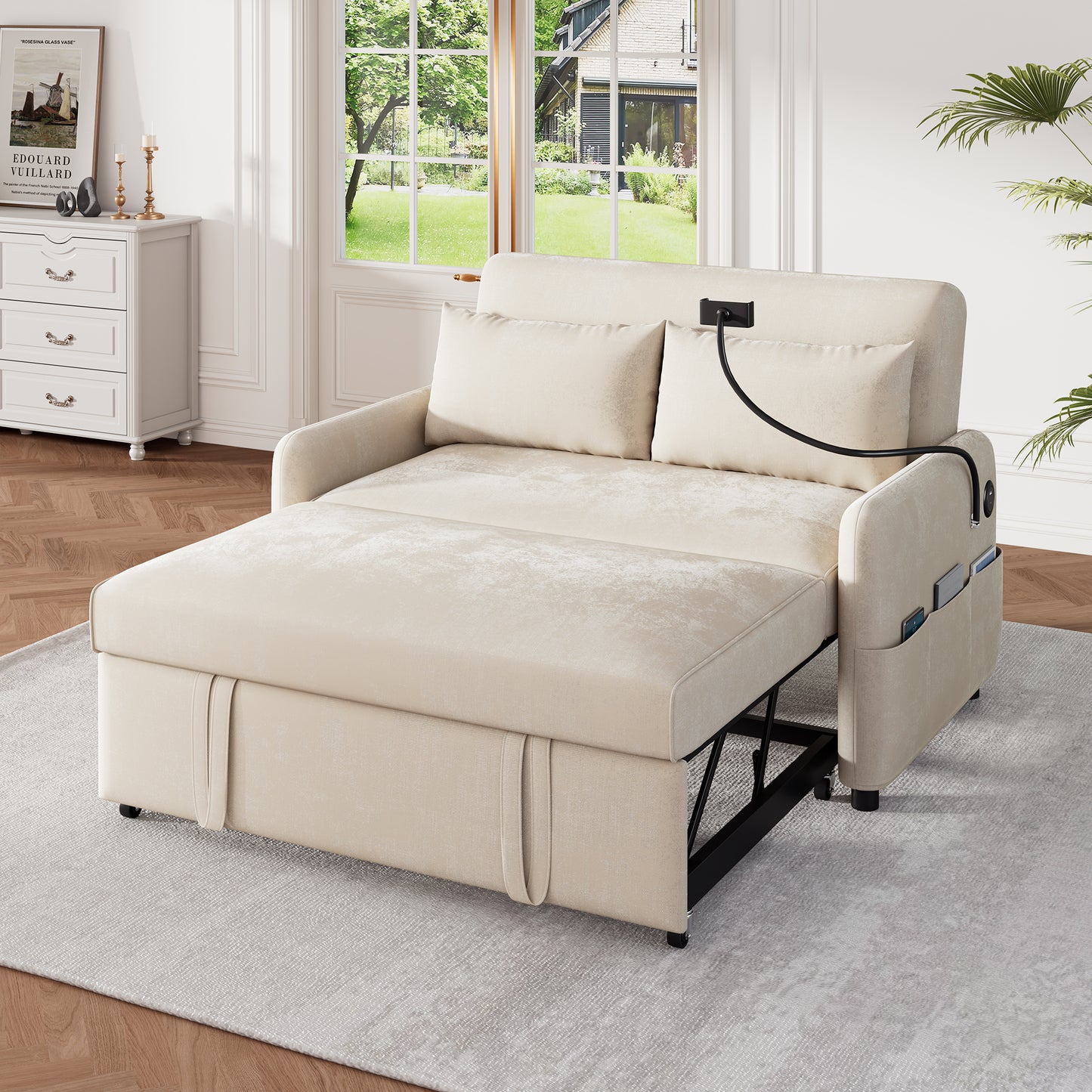 Modern Double Folding Sofa Bed, Multifunction Sofa With Sleeping Function, Adjustable Backrest, Mobile Phone Holder, USB Charging Port, Suitable For Living Room, Bedroom, Home Theater Apartment