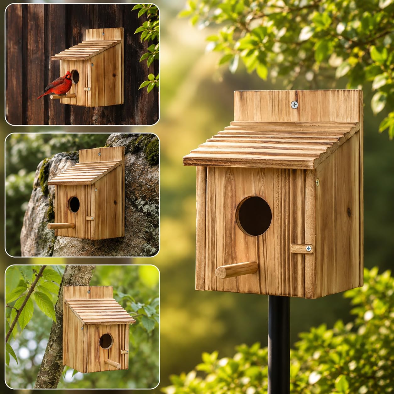 Wooden Bird House For Outside, Hanging Natural Wood Birdhouse With Perch, 1.5in Entrance & Side Clean-Out Door For Bluebirds, Wrens And Finches, Garden Decor