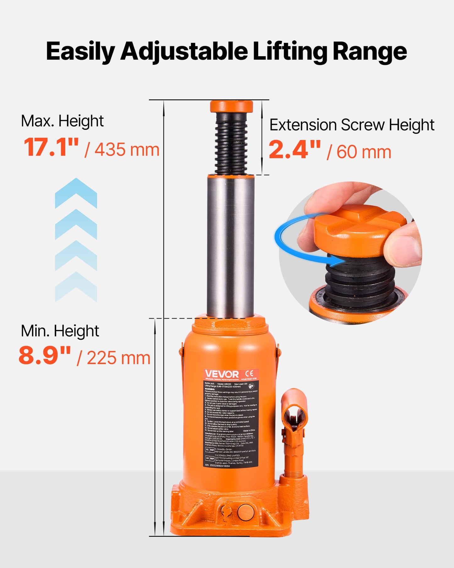 Hydraulic Bottle Jack, 20 Ton (44092 Lbs) Capacity, 8.9-17.1 Inch Lifting Range, Heavy Duty Welded Bottle Jack For Car, SUV, Pickup, Auto Repair, House Lift And Agricultural Equipment, Orange