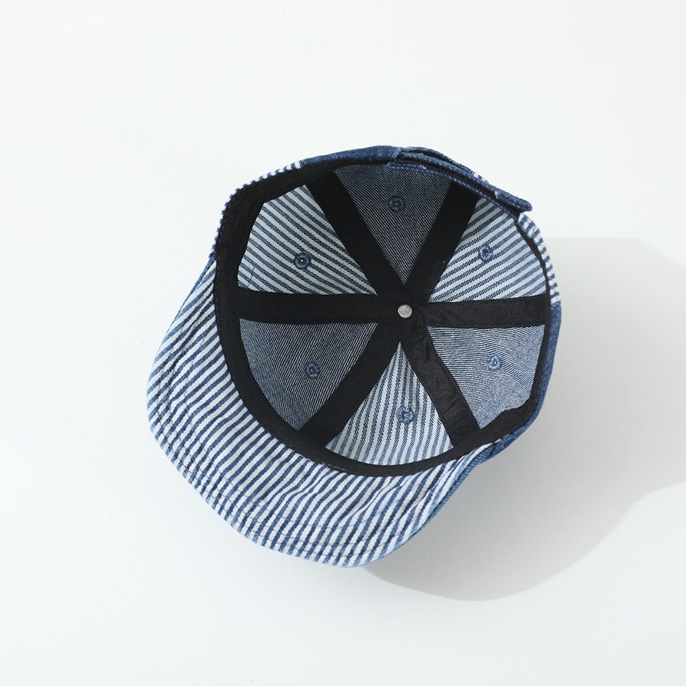 Children's Patchwork Striped Cartoon Bear Sewn Water-washed Distressed Fashion Casual Soft-brimmed Baseball Cap For Traveling And Shopping
