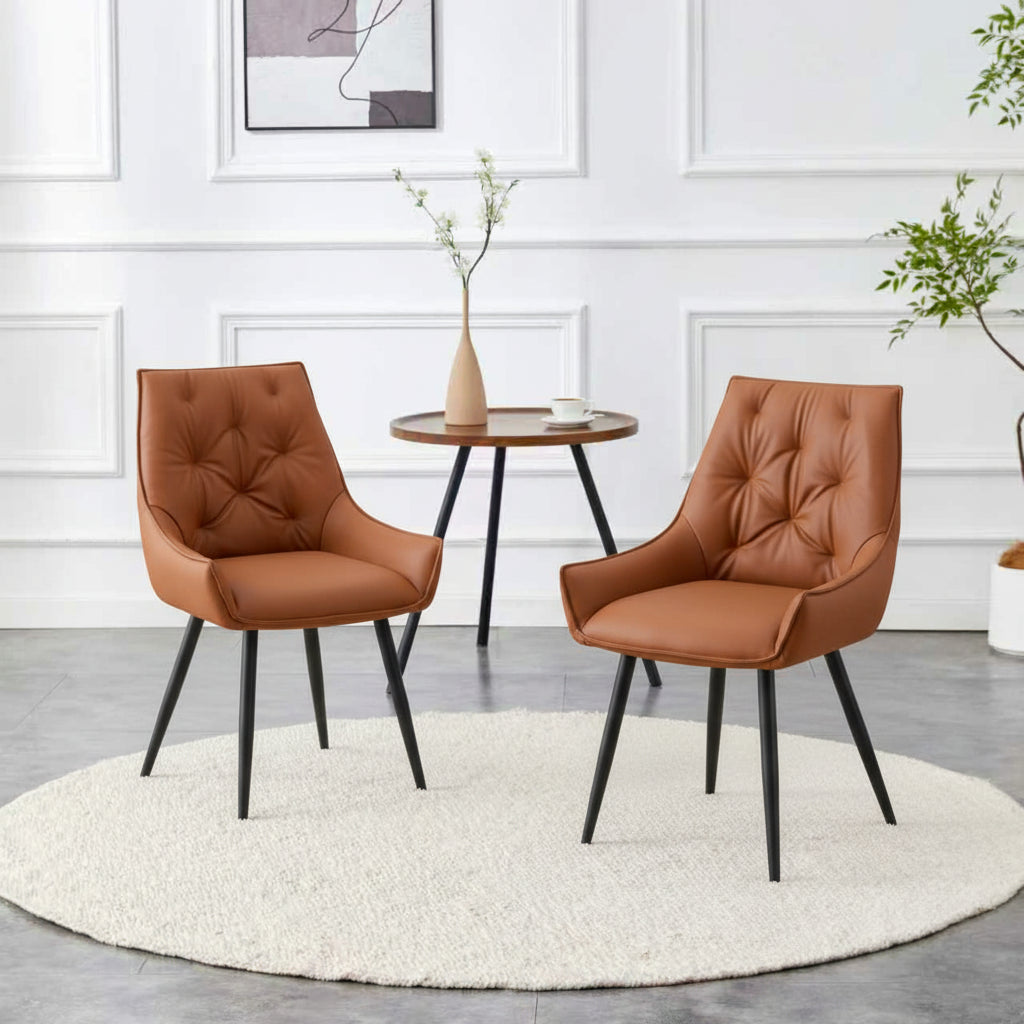 Dining Chairs Set Of 2, Camel Faux Leather Dining Room Chair, Metal Kitchen Chairs With Gold Mesh Texture And Black Sanded Legs, Flat Back Upholstered Chair  Camel, Set Of 2