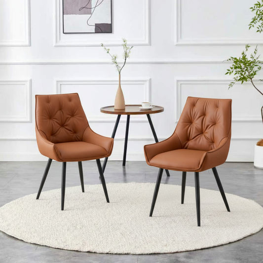 Dining Chairs Set Of 2, Camel Faux Leather Dining Room Chair, Metal Kitchen Chairs With Gold Mesh Texture And Black Sanded Legs, Flat Back Upholstered Chair  Camel, Set Of 2