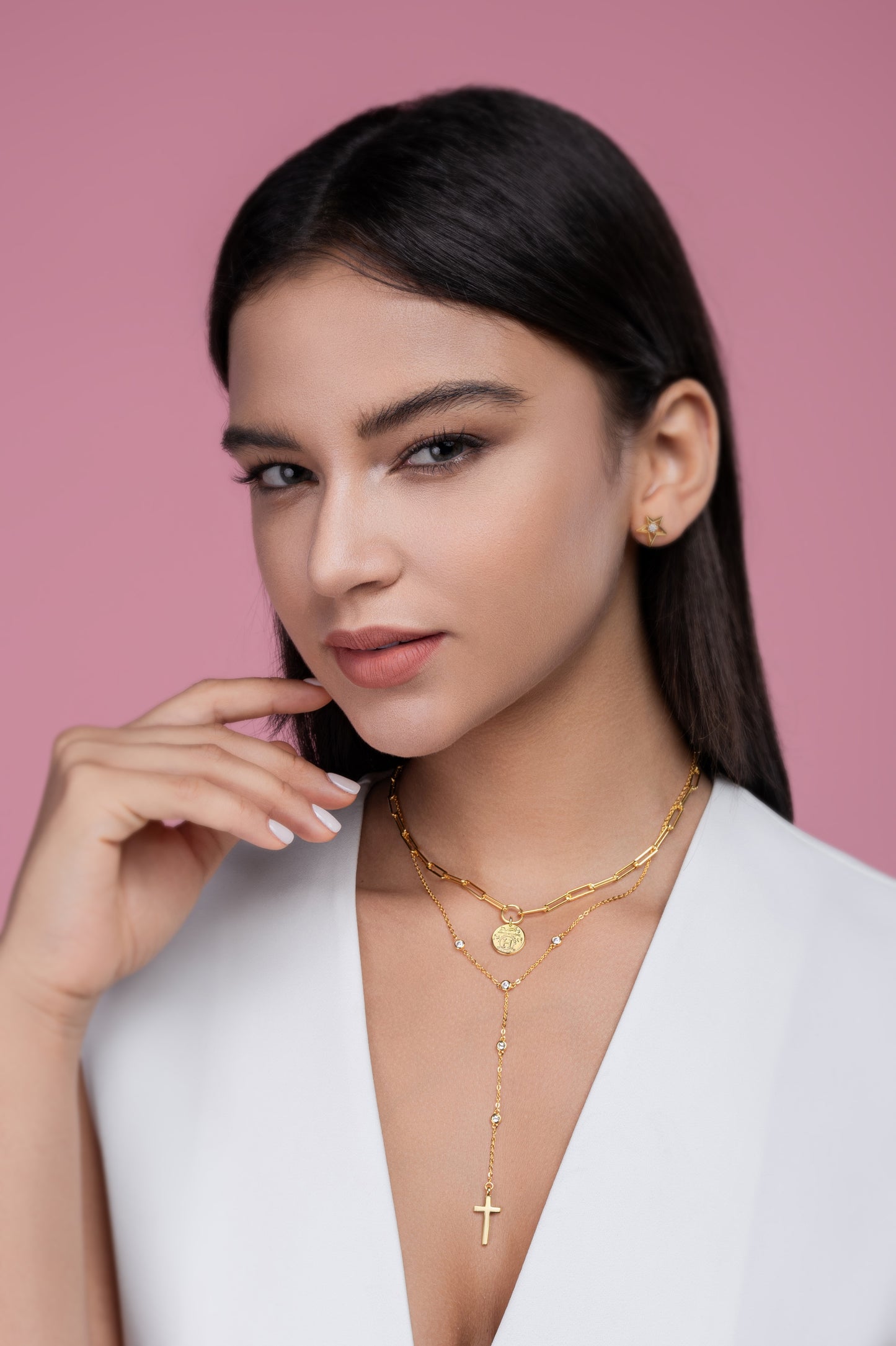 S925 Sterling Silver 0.1ct Moissanite Layered Necklace 14.4g Cross Coin Pendant Y-Necklace 40cm Gold Plated GRA Certified Gift Box