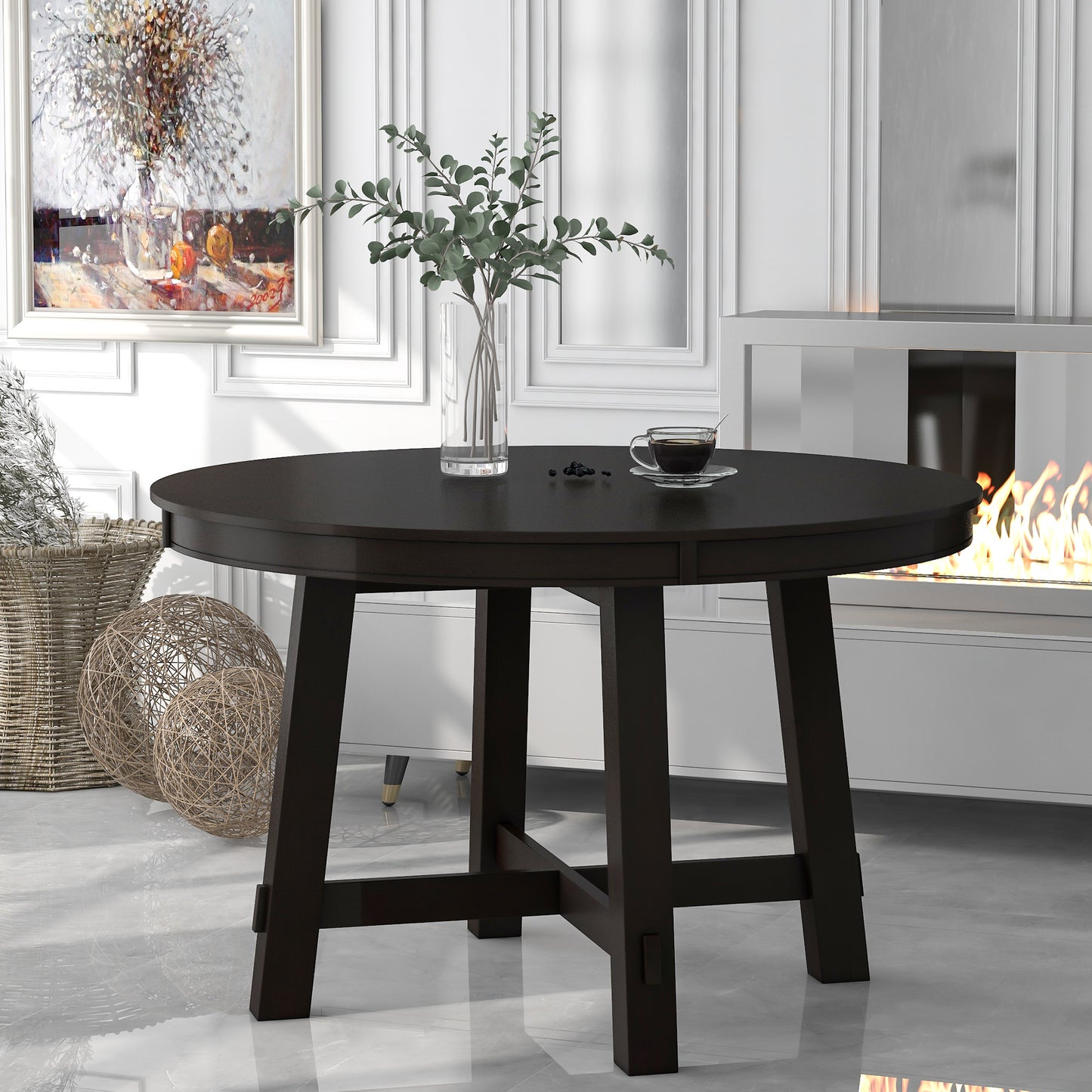 TREXM Farmhouse Round Extendable Dining Table With 16 Leaf Wood Kitchen Table  Espresso