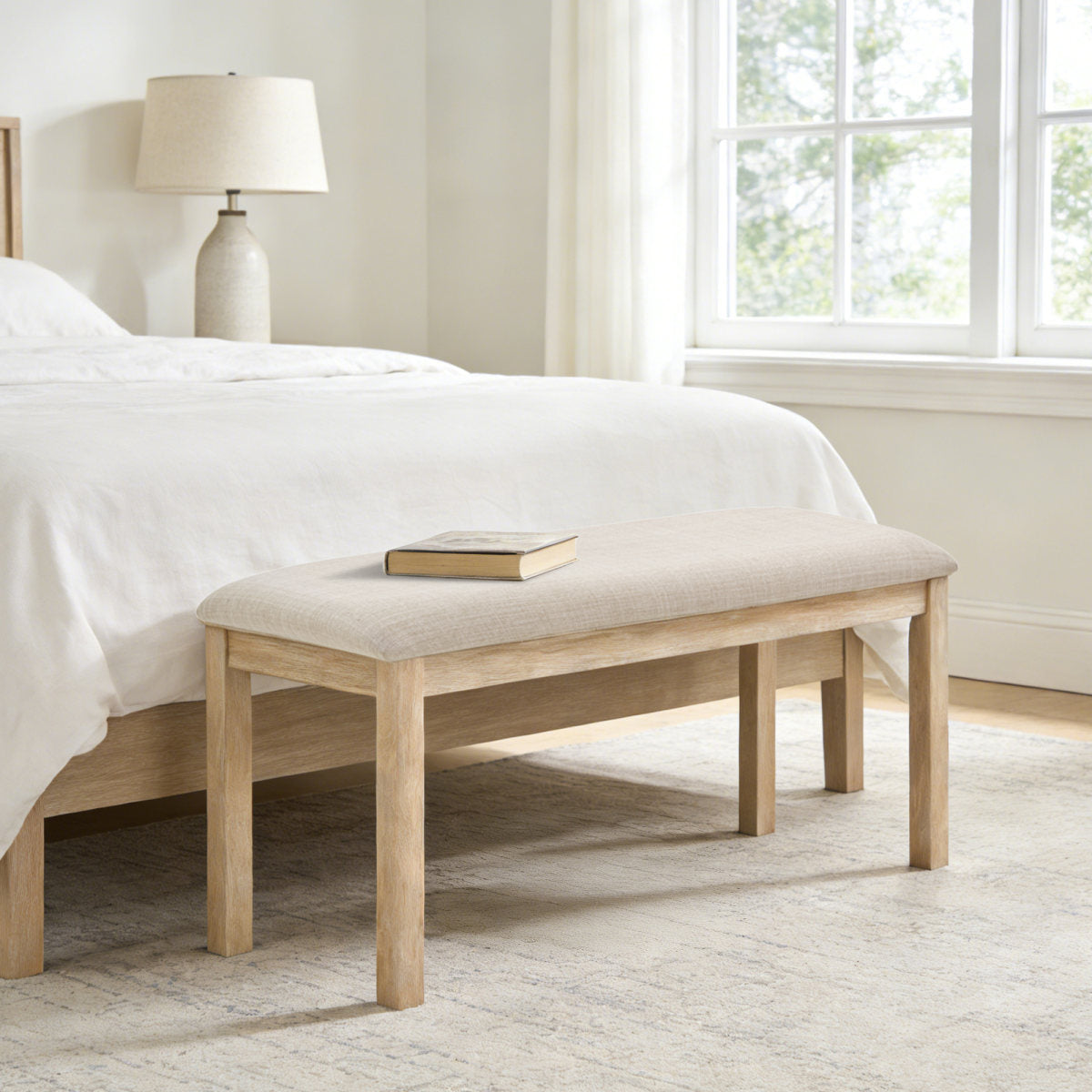 38-inch Upholstered Dining Bench, Padded Bedside Bench and Solid Wood Leg Hallway Bench, Suitable for Kitchen, Living Room and Bedroom (Light Oak & Beige, 1)