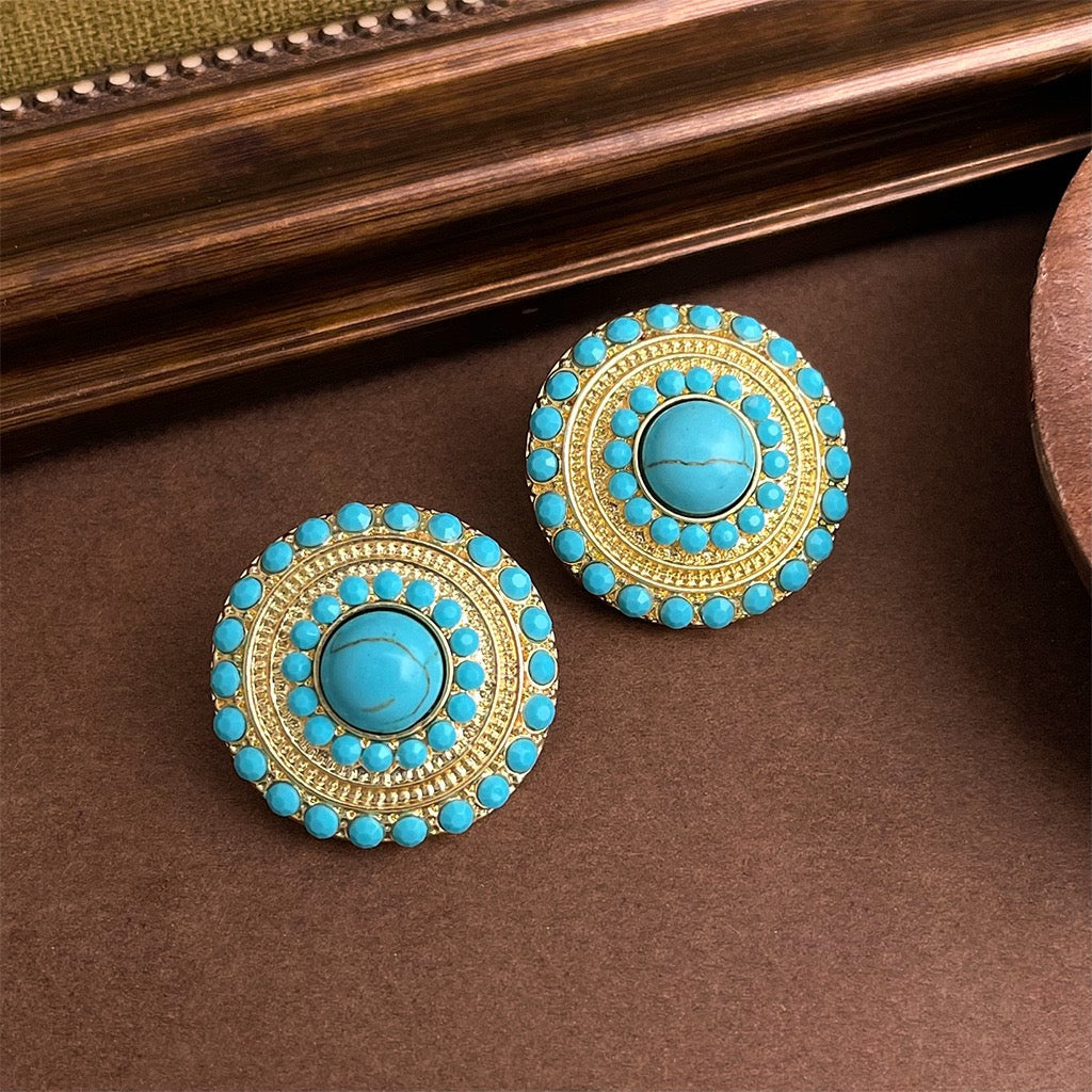 Retro Artistic Turquoise Earrings For Women Synthetic Stone Stud Earrings Vintage Bold Jewelry Gift