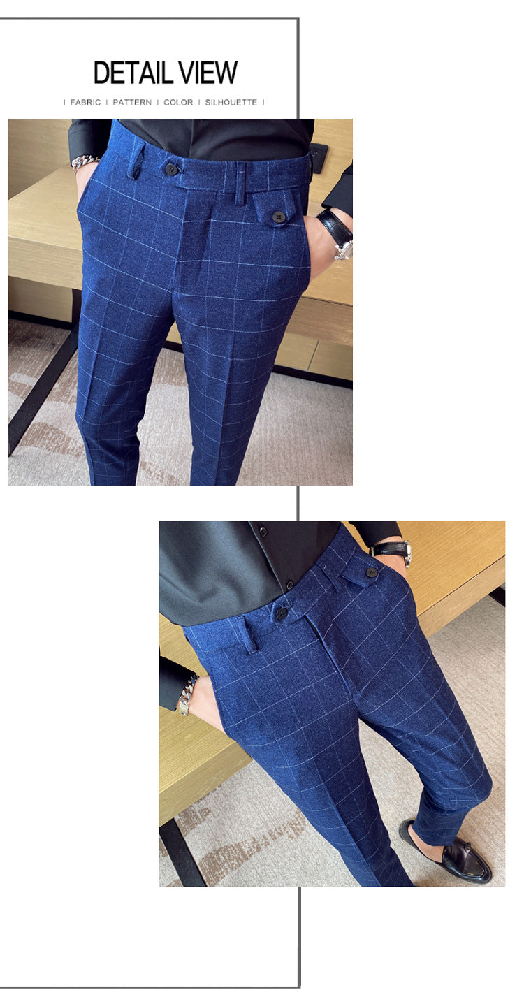 Korean Style British Classic Checkered Elegant Slim Fit Men's Best Man Pencil Pants Suit Pants