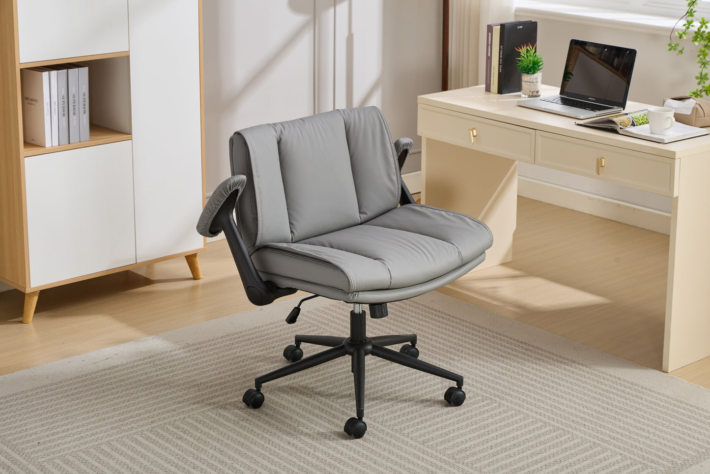 With Flip-Up Armrests Leather, Cross Legged Office Chair On Wheels, Comfy Swivel Chair With Wide Seat For Home Office, Vanity,  Ergonomic Desk Chair Adjustable, GREY