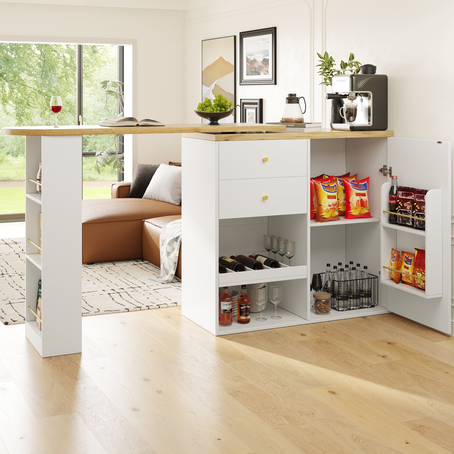 Swivel Bar Table  Main Body 105 X 39 X 102 Cm , With 2 Drawers And Sliding Door Cabinet, 3 Levels Of Open Storage, Suitable For Dining Room Study Living Room, Etc