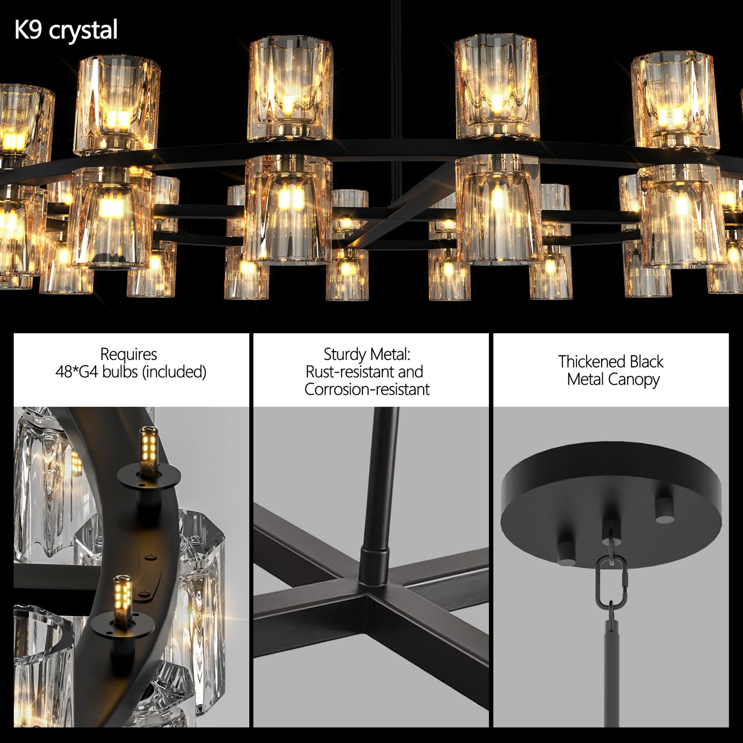 L005030-D48-P48B W1340P31077948 Inches Luxury Chandeliers Crystal Living Room Decorative Lights Simple Modern Dining Room LED Lighting,for Home Decor Bulbs Included Black