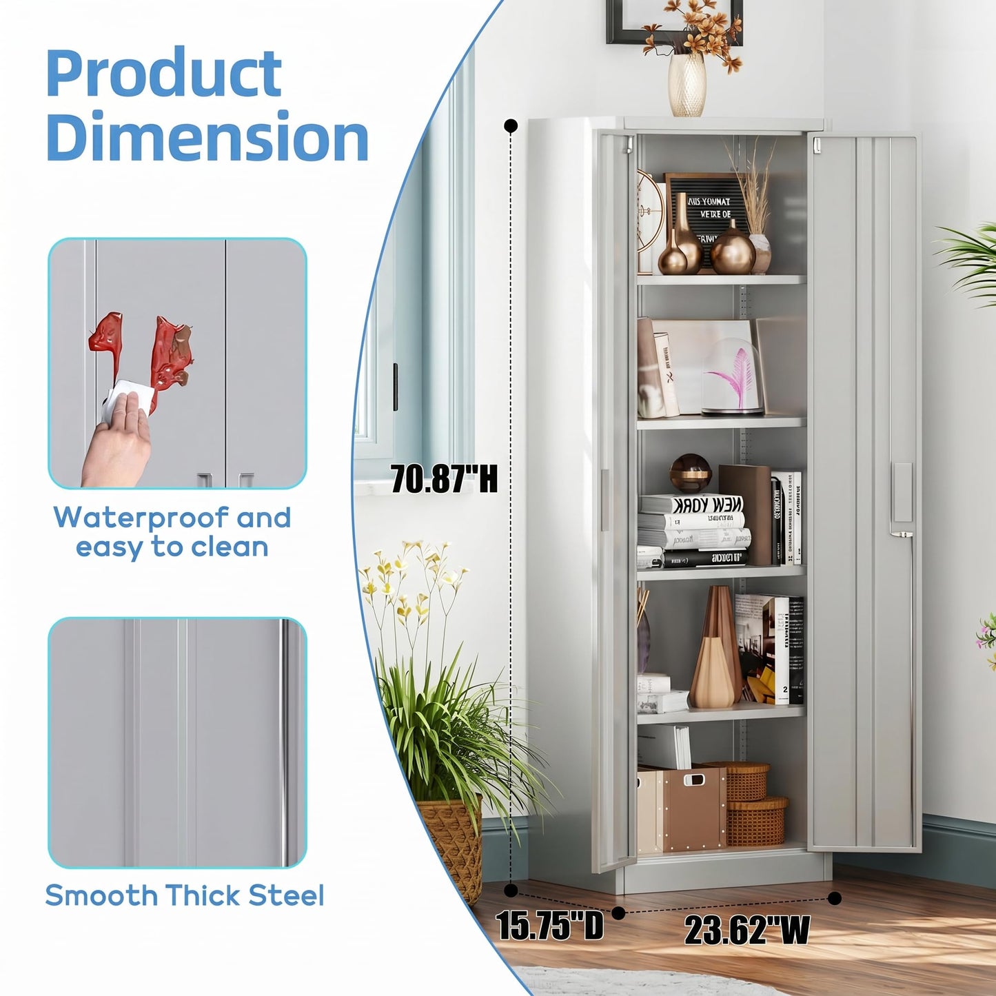 Metal Narrow Garage Storage Cabinet, Lockable Narrow Steel Storage Cabinet With 4 Adjustable Shelves For Garage, Office, Home, Assembly Required, Gray