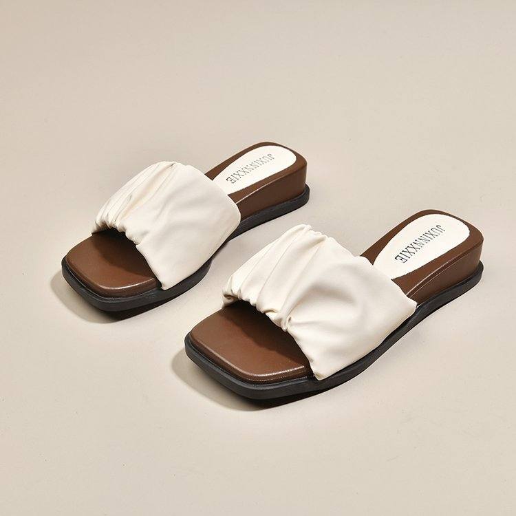 New Arrival Ruched Square Toe Open Toe Platform Slide Sandals, Beach One Strap Sandals