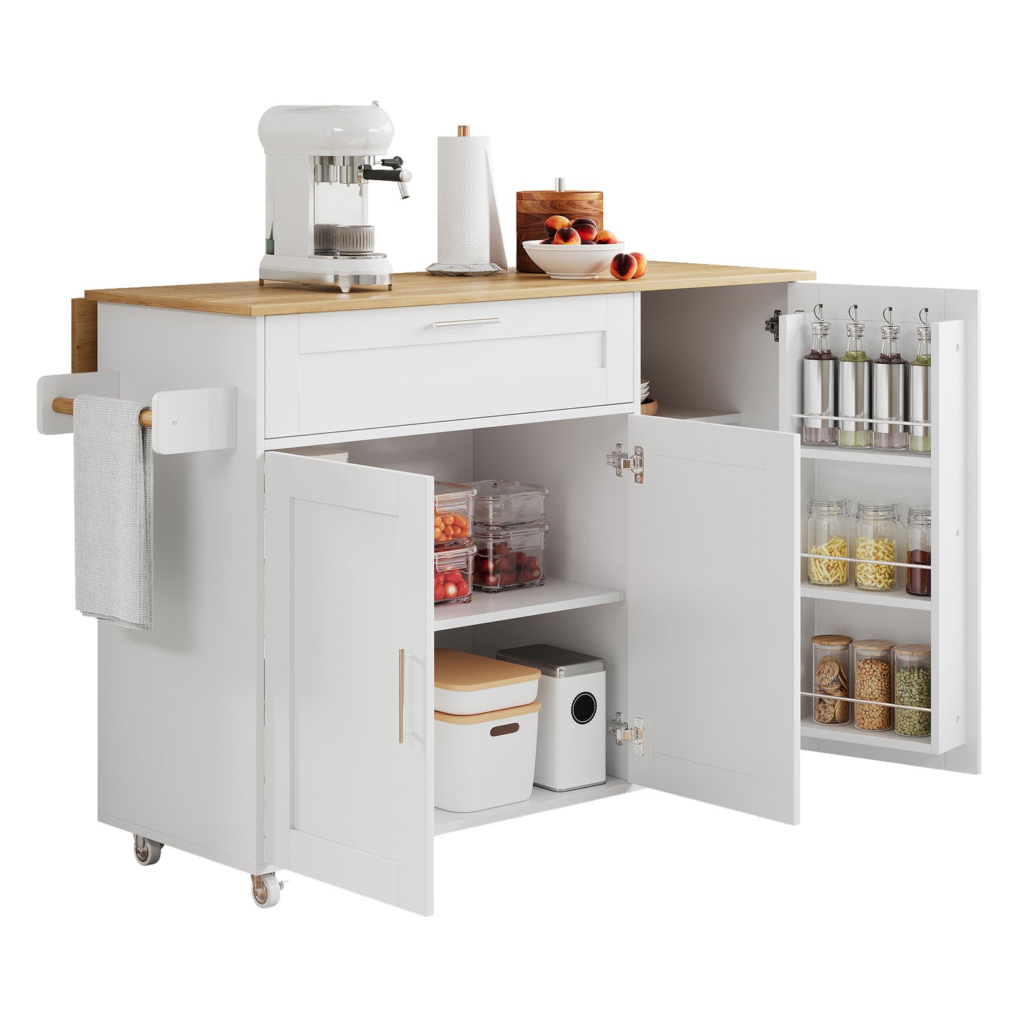 N635P21858284D 132.5X44X90cm Large Mobile Kitchen Table, Foldable Countertop, Oak Grain, Multifunctional Cabinet, Spice Rack, Towel Rack, 5 Wheels, Suitable For Kitchen Dining Home