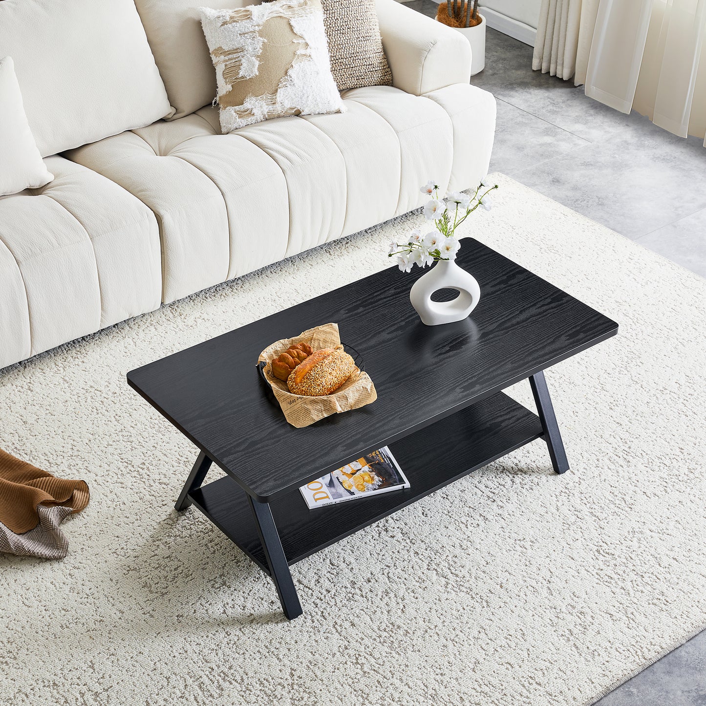 Modern Industrial Coffee Table With Storage Shelf, Black Wood Grain And Metal Frame, 110x57x44.5cm, Contemporary Living Room Table For Home Office, Apartment And Small Spaces