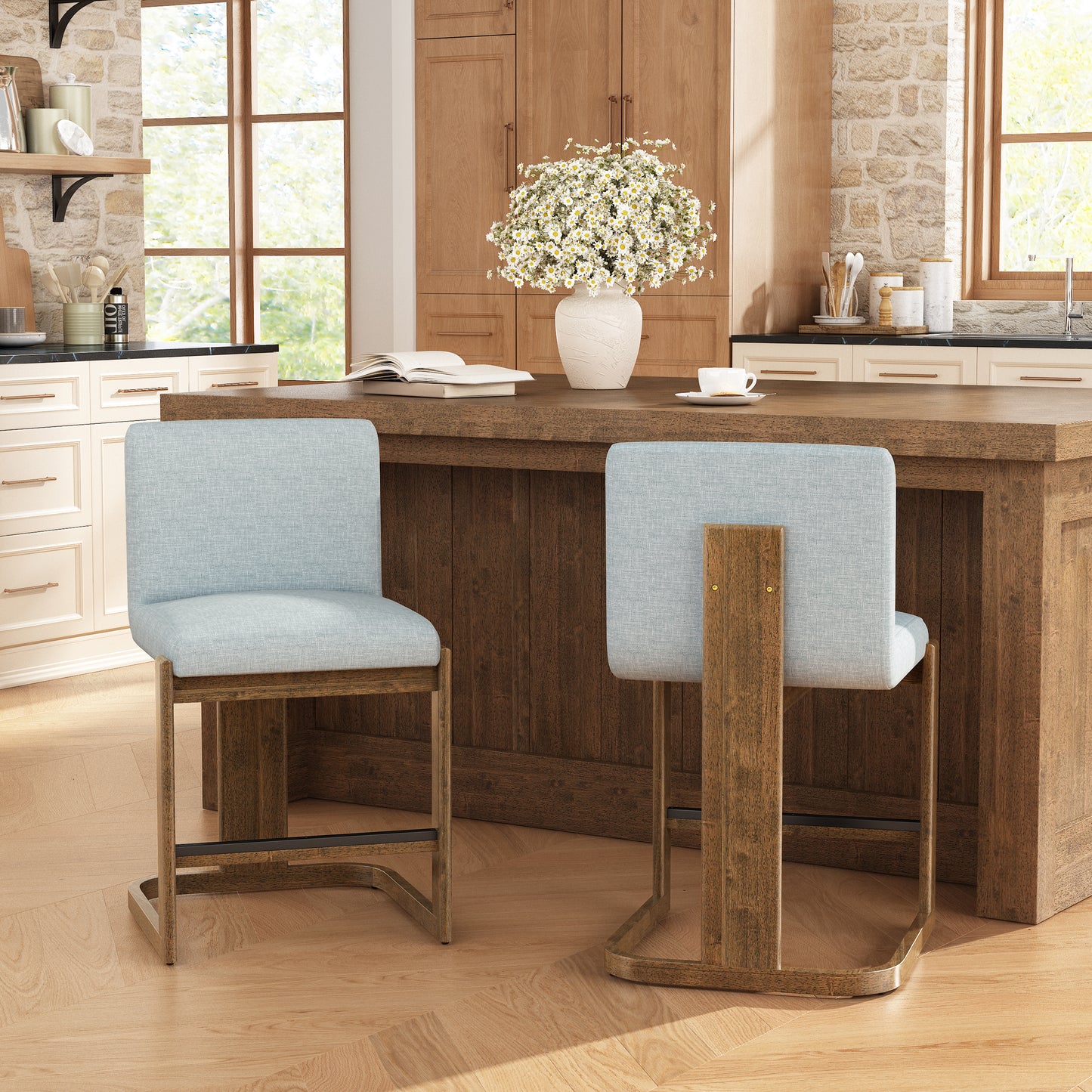 Modern Bar Stools Set Of 2, 24  Solid Wood Counter Height Barstools, Linen Upholstered Kitchen Island Chair With Walnut-Finished Wood Legs For Home Bar Coffee Shop,Light Grey