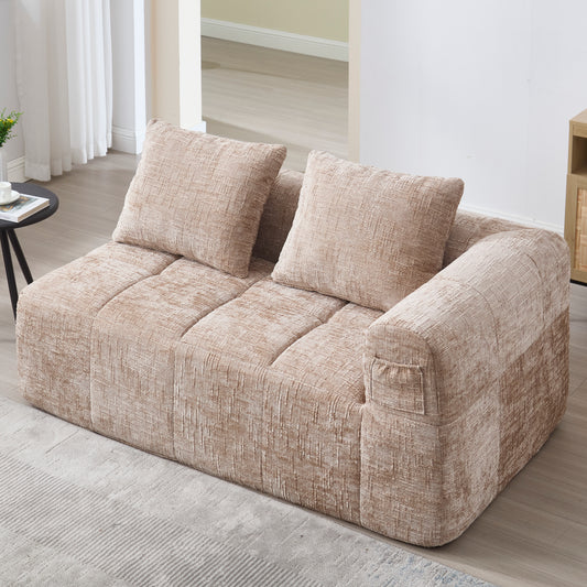 Comfortable Sofa For 2 People, No Assembly Required, Fluffy Sofa With A Cushion, Side Pockets For Remote Control And Mobile Phone, Neat And Stylish, Khaki