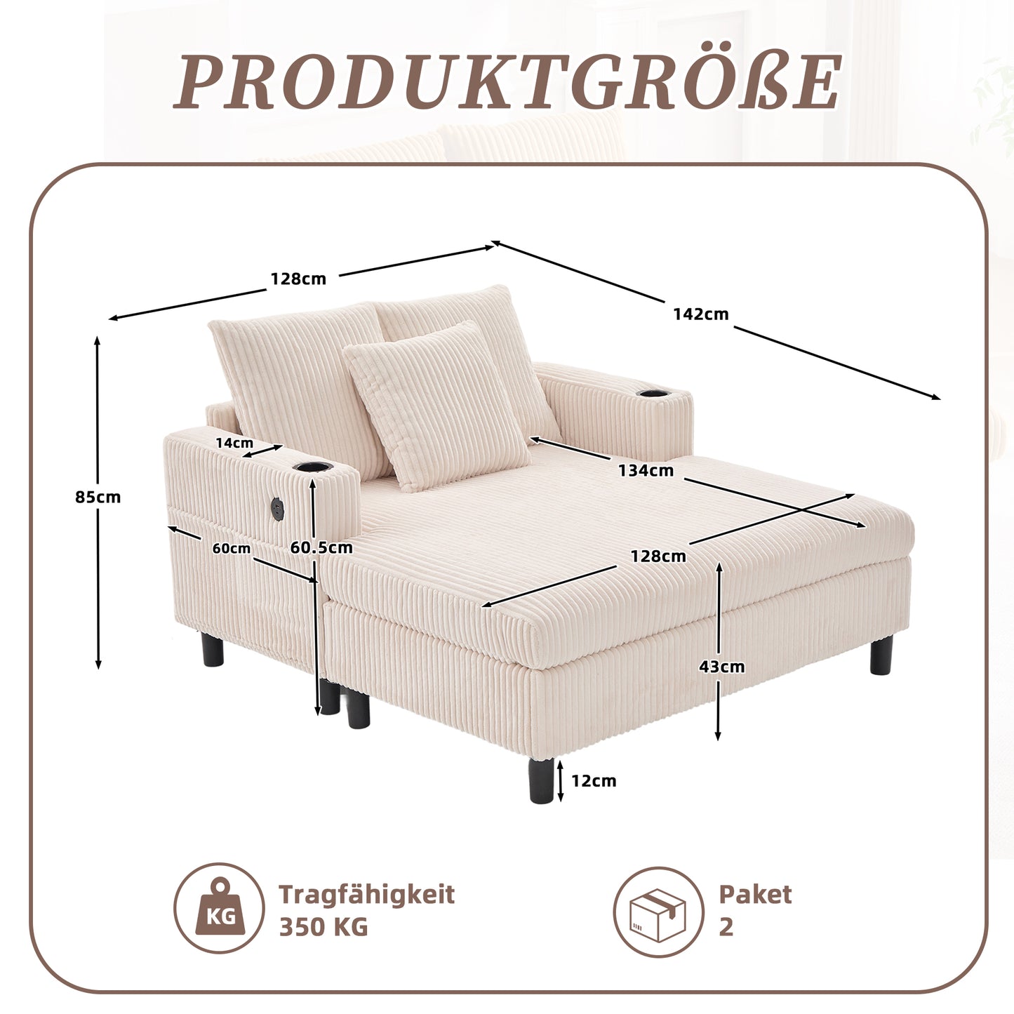 Spacious, Soft Chaise Longue Recliner With Side Cup Holders, USB Ports, Integrated LED Ambient Lighting - Perfect For Living Room, Bedroom Or Conservatory