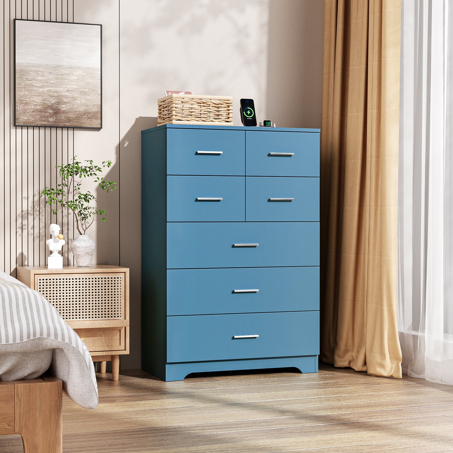 Wooden 7-Drawer Storage Cabinet With Built-In Outlet Durable Organizer For Bedroom, Living Room, And Office