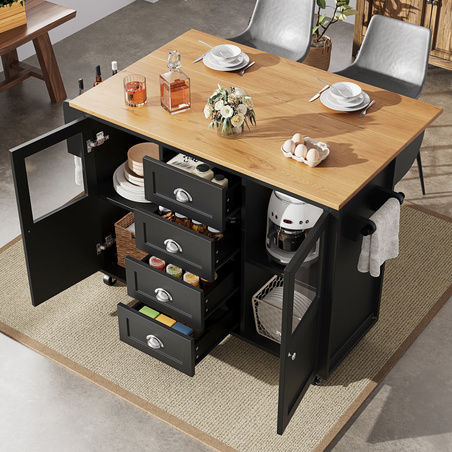 Kitchen Island, Kitchen Cabinet, Buffet Cabinet, 120x73 X93cm, Pull-Out Kitchen Cart With Wheels, Towel Rail, Spice Rack, Adjustable Shelves, Two Doors, Four Drawers, White Black