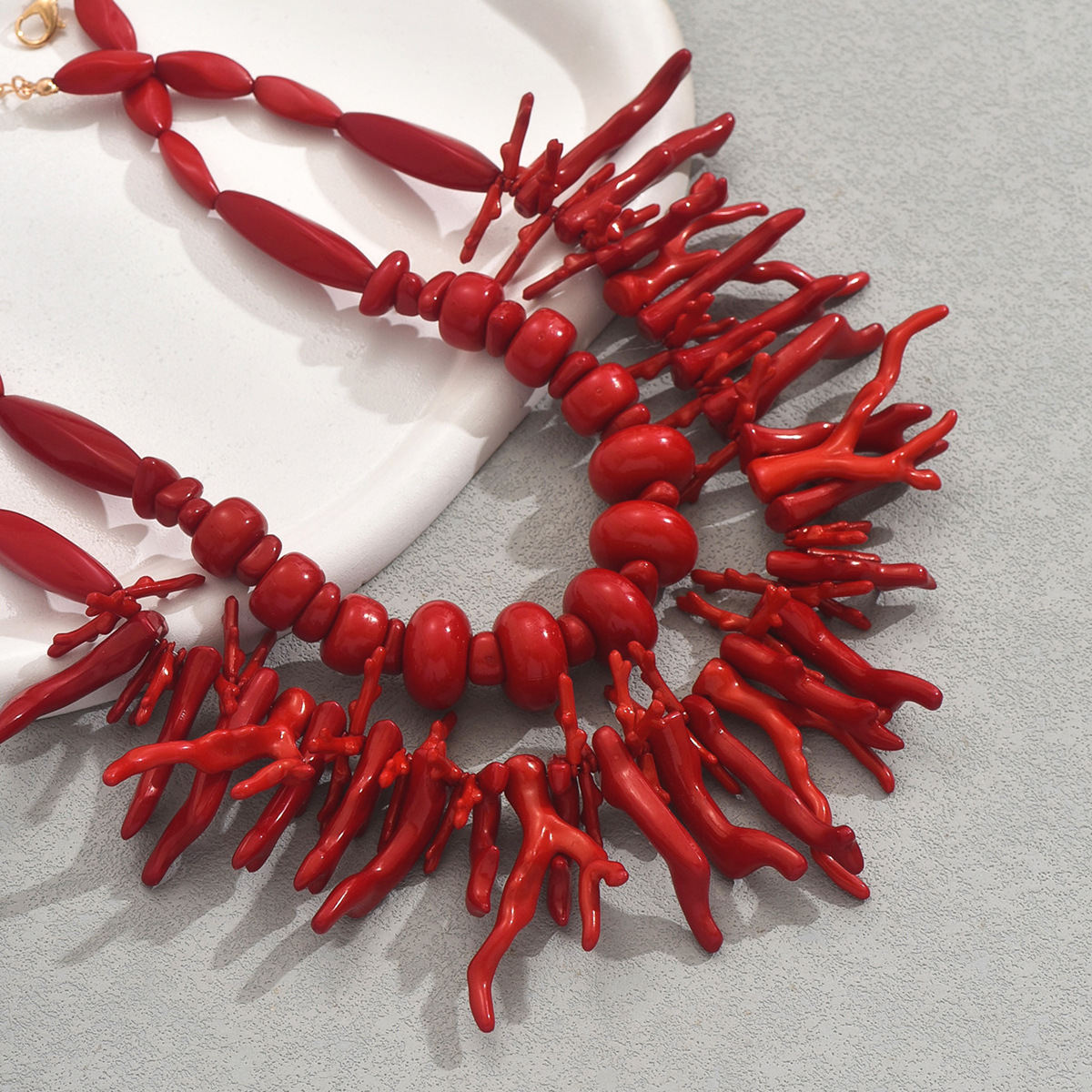European American Fashion Women Two-Piece Jewelry Set, Versatile Multi-Layer Long Clavicle Necklace With Coral Geometric Pendant, Daily Neck Accessories