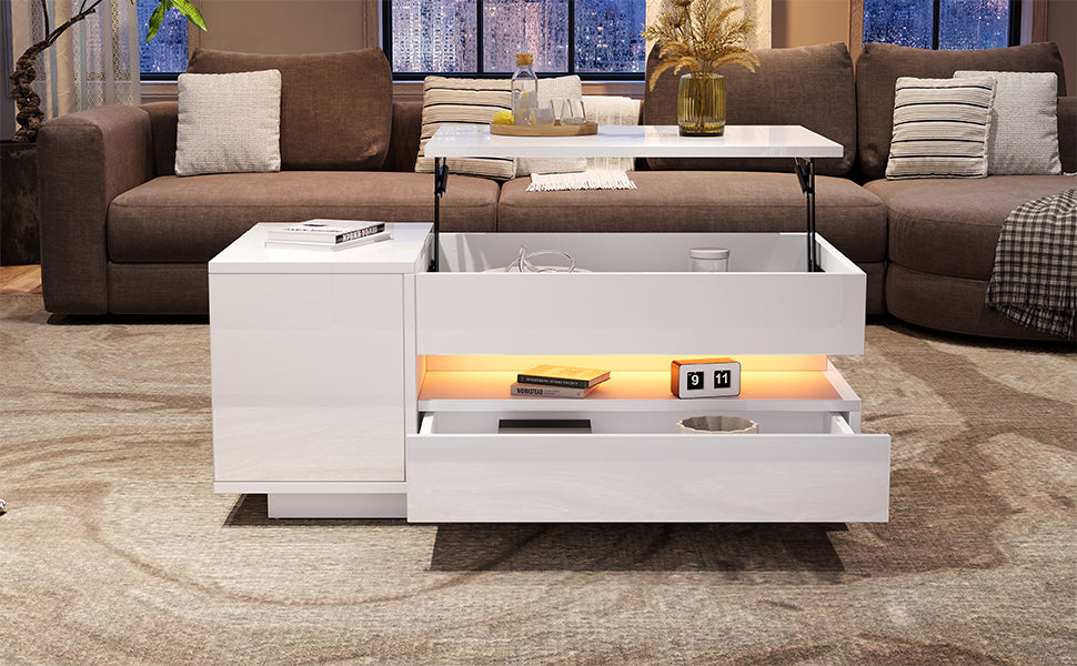 95X50X34.5cm Liftable Coffee Table, Living Room Table, Side Table, Coffee Table With 1 Drawer, 1 Cabinet, Sofa Table With LED, High Gloss Tea Table With Hidden Storage, Semi-Open Storage, White