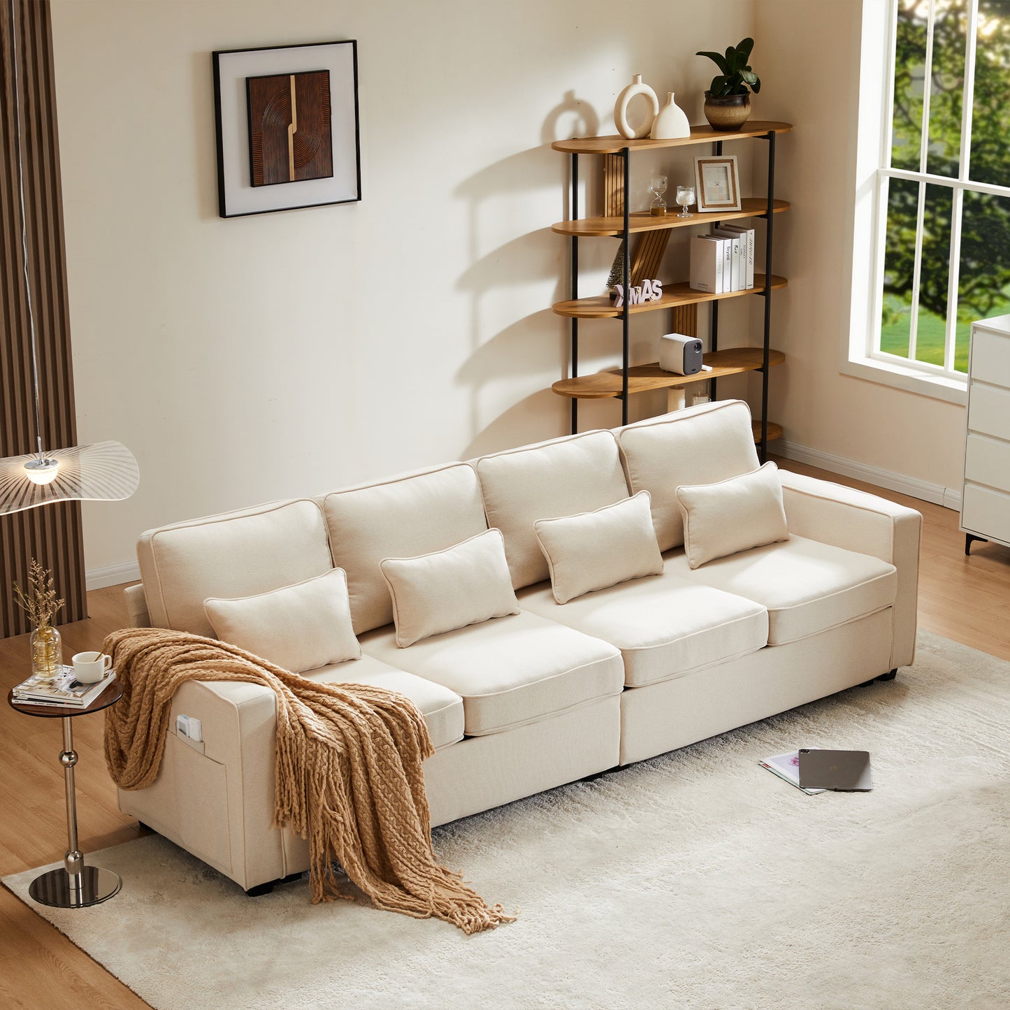 Modern 4 Seater Linen Fabric Sofa, Four Seater Sofa With Armrest Pockets And 4 Cushions, Simple Style Sofa, Suitable For Living Room, Apartment, Office, 3 Sofa Color Options