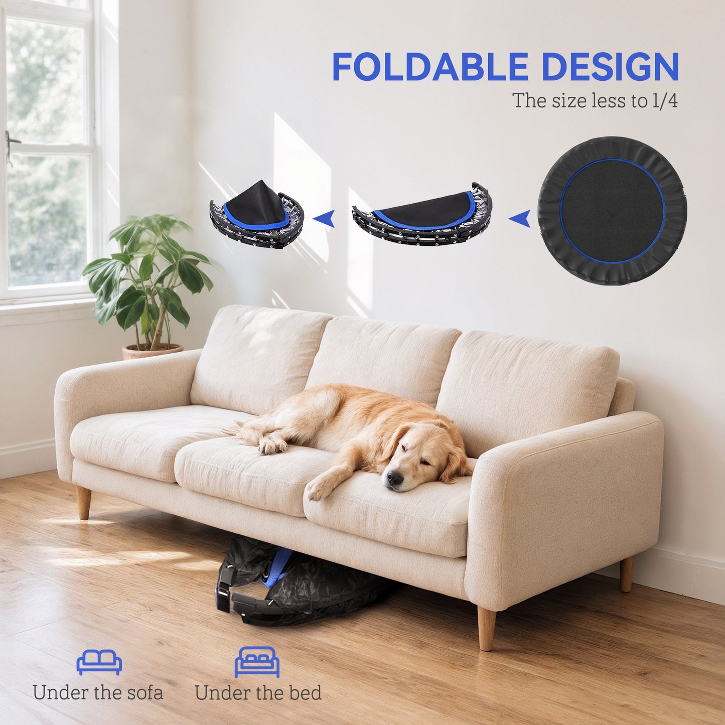48" Foldable Mini Fitness Trampoline, With Adjustable Foam Handle, Blue