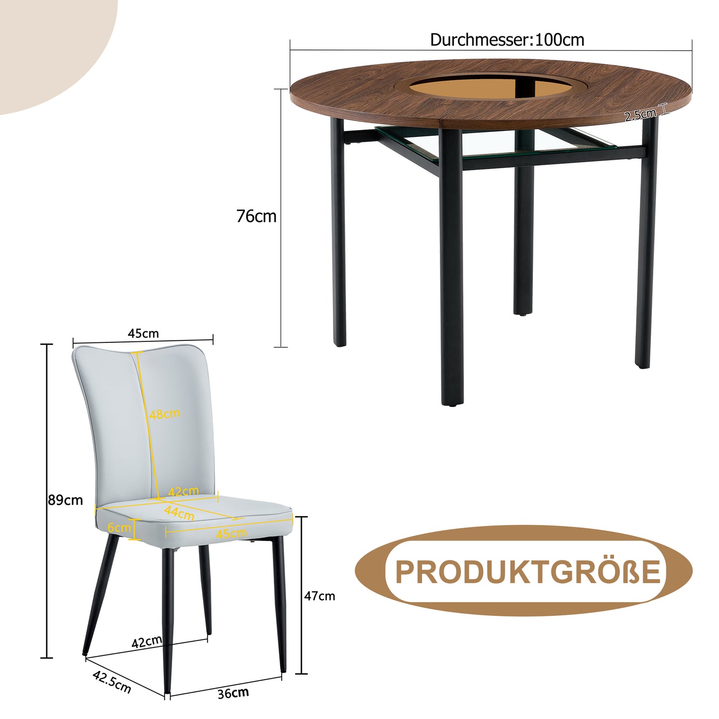 Modern Minimalist Round Dining Table Set  With 2 Light Grey PU Chairs , Round Table With 100 Cm Diameter In Wood Look, Suitable For Dining Room And Kitchen.