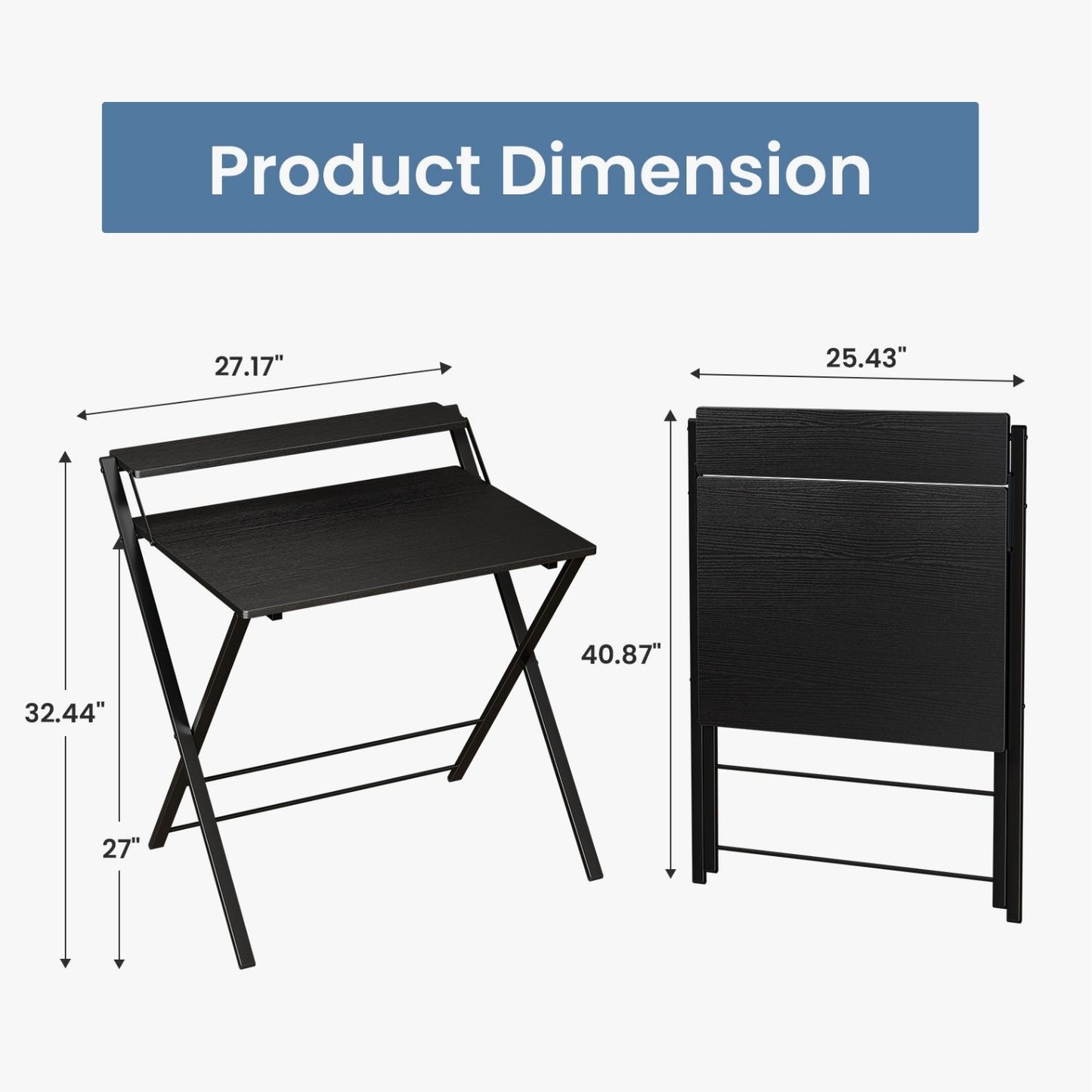 Small Folding Desk With Shelf, No Assembly Compact Computer Table, For Narrow Spaces, Portable Study Workspace For Bedroom And Office