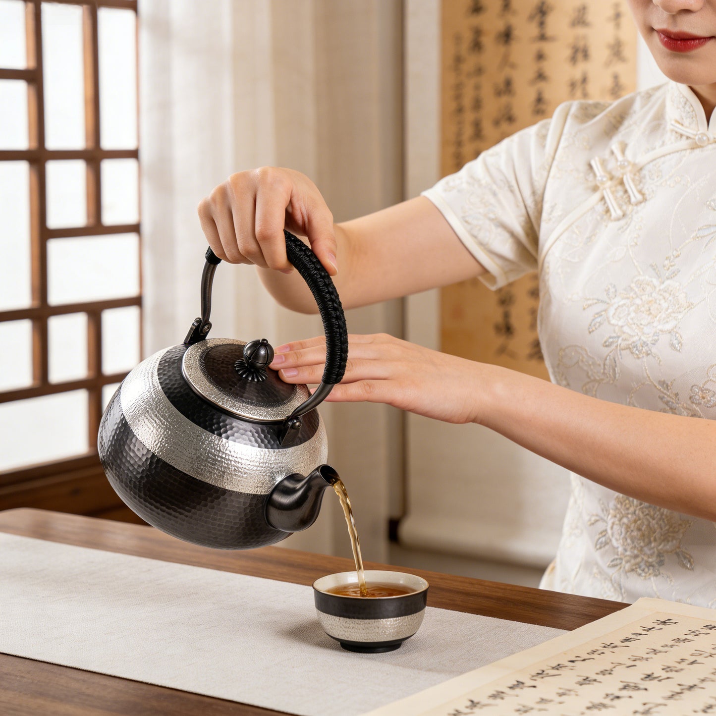 925 Sterling Silver Stainless Steel Hammered Texture Tea Kettle with Woven Handle and Curved Spout-Fine large teapot - Handicraft