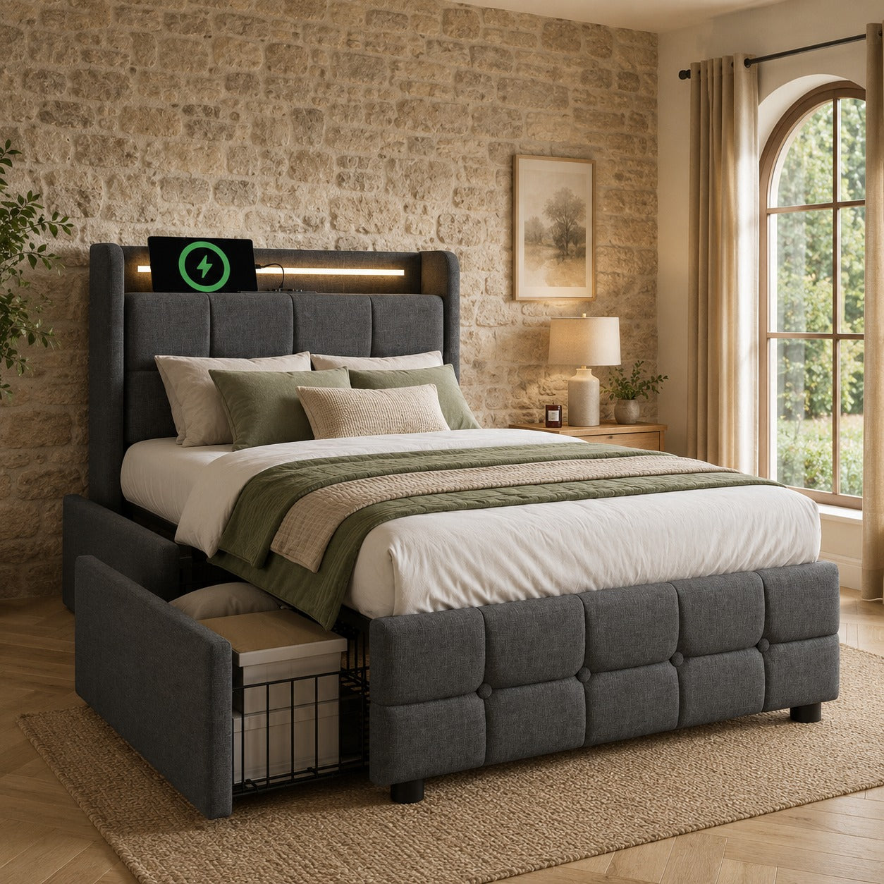 Upholstered Bed With Charging, USB Charging Function, Headboard And LED Lighting And 2 Drawers, Single Bed 90x200cm, Storage Beds, Bed Frame, Wooden Slatted Base, Grey  Without Mattress