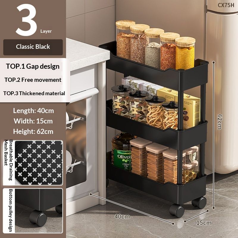 Ultra-Narrow Floor-Standing Kitchen Shelf With Wheels For Refrigerator Sides, Home Use For Bathroom Storage Carts